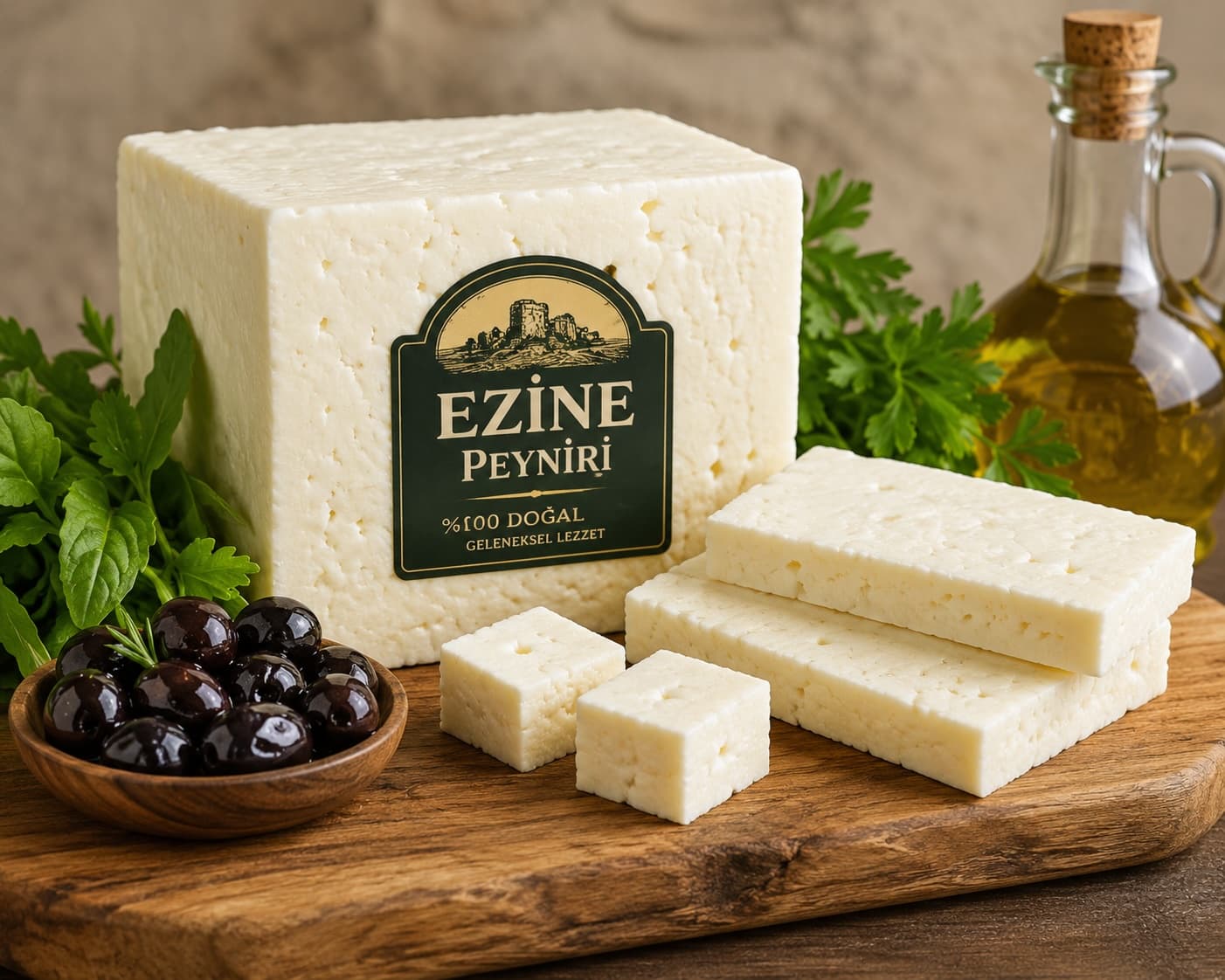 Ahşap tahta üzerinde dilimlenmiş Ezine peyniri, taze otlar ve zeytinler